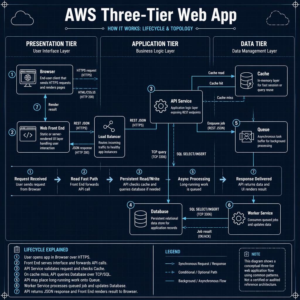 Blueprint-style topology layout of a three-tier web app with Browser, Web Front End, API Service, Cache, Queue, Database, and Worker Service.