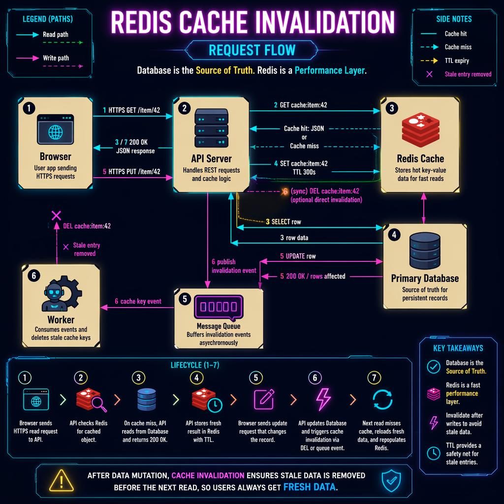 Tech architecture infographic showing Redis cache invalidation request flow between Browser, API Server, Redis, Database, Queue, and Worker.