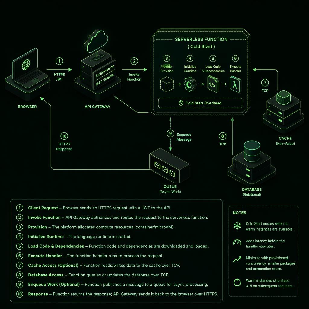 Isometric green tech diagram showing browser, API, queue, cache, and DB with arrows and numbered cold start flow.