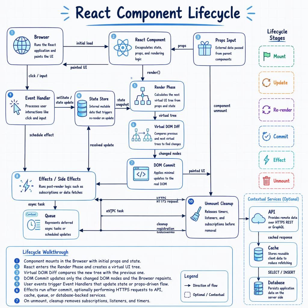 Blue whiteboard-style React component lifecycle infographic with labeled boxes, arrows, icons, legend, and browser-to-unmount flow.