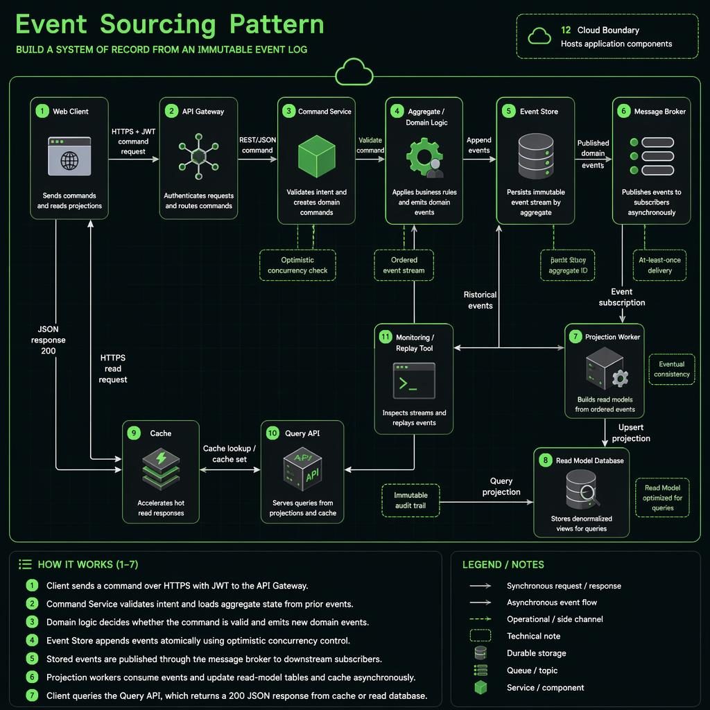 Isometric network sketch infographic of the Event Sourcing Pattern with services, queues, databases, arrows, and legend.