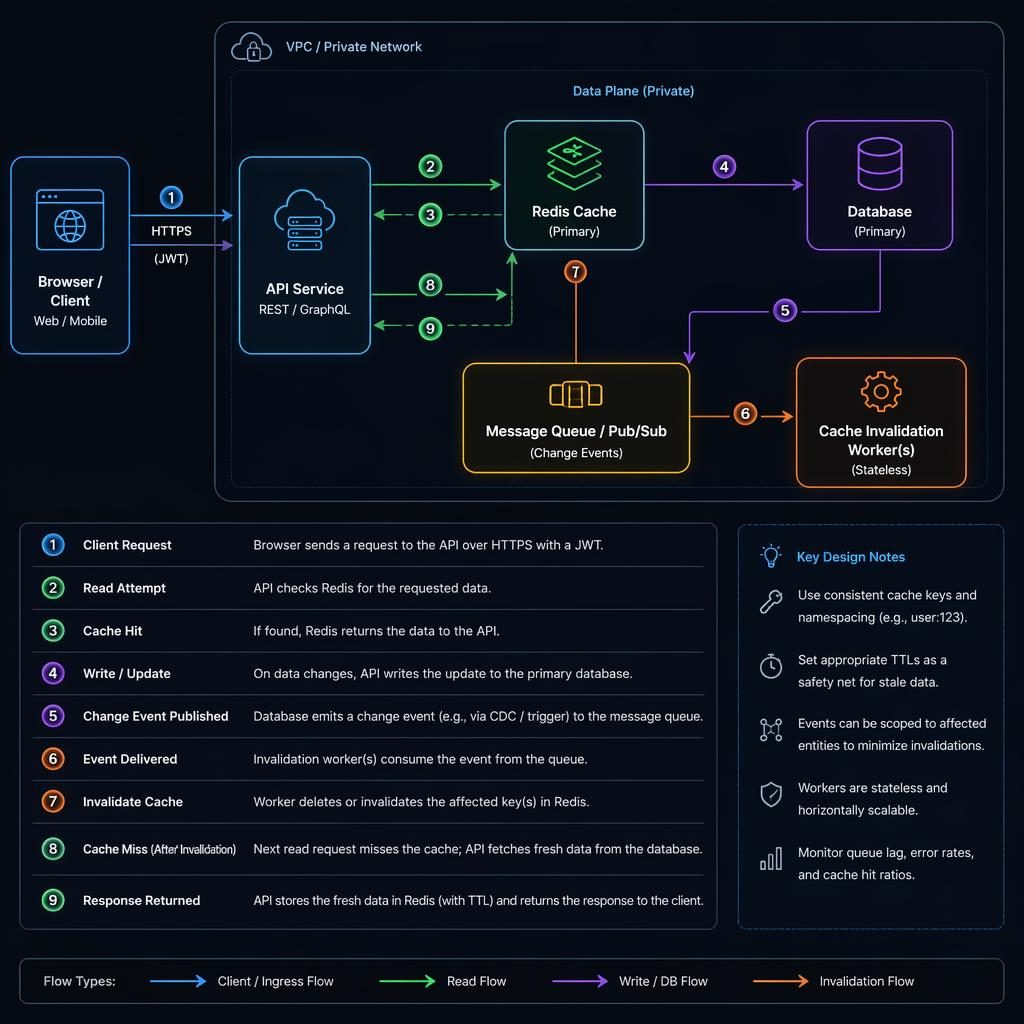 Dark-mode neon architecture infographic with browser, API, DB, cache, and queue boxes linked by arrows and numbered flow steps.