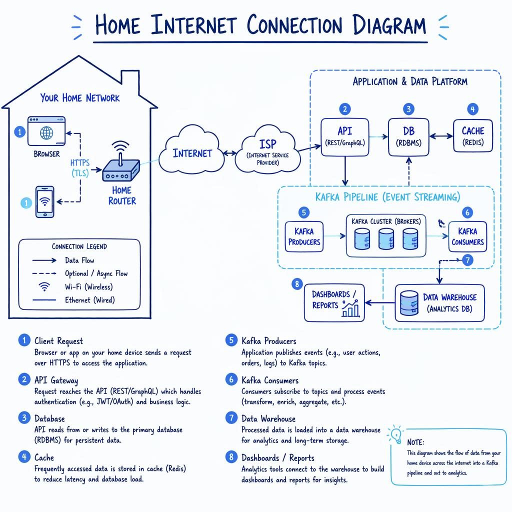 Hand-drawn blue whiteboard diagram with browser, API, DB, cache, and queue boxes linked by arrows and a numbered legend.