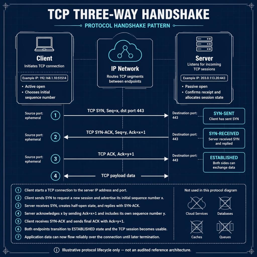 Blueprint infographic of TCP three-way handshake with Client, IP Network, Server, arrows, TCP states, legend, and IP addresses.