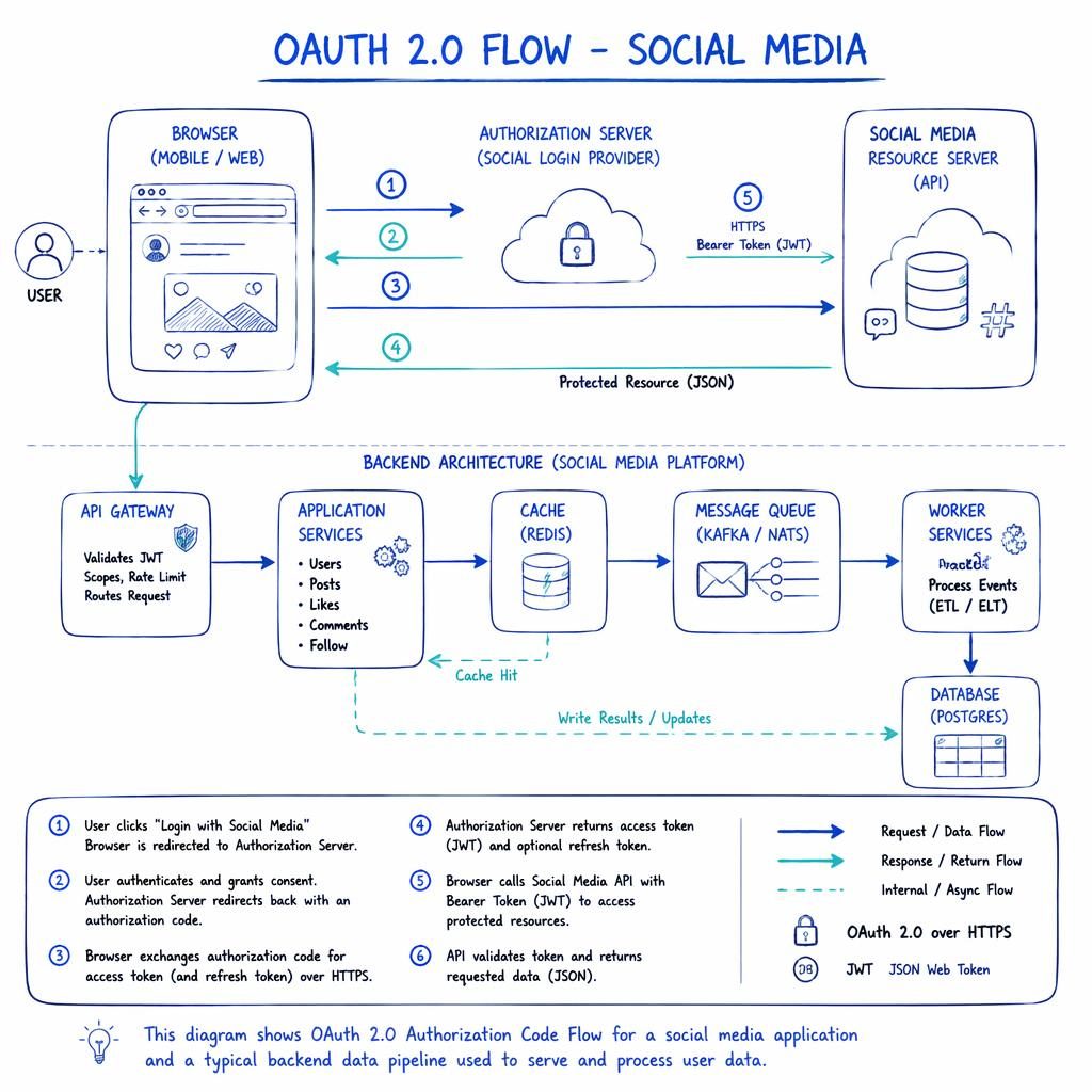 Hand-drawn whiteboard-style OAuth 2 flow with browser, API, DB, cache, queue, arrows, cloud icons, and numbered steps.