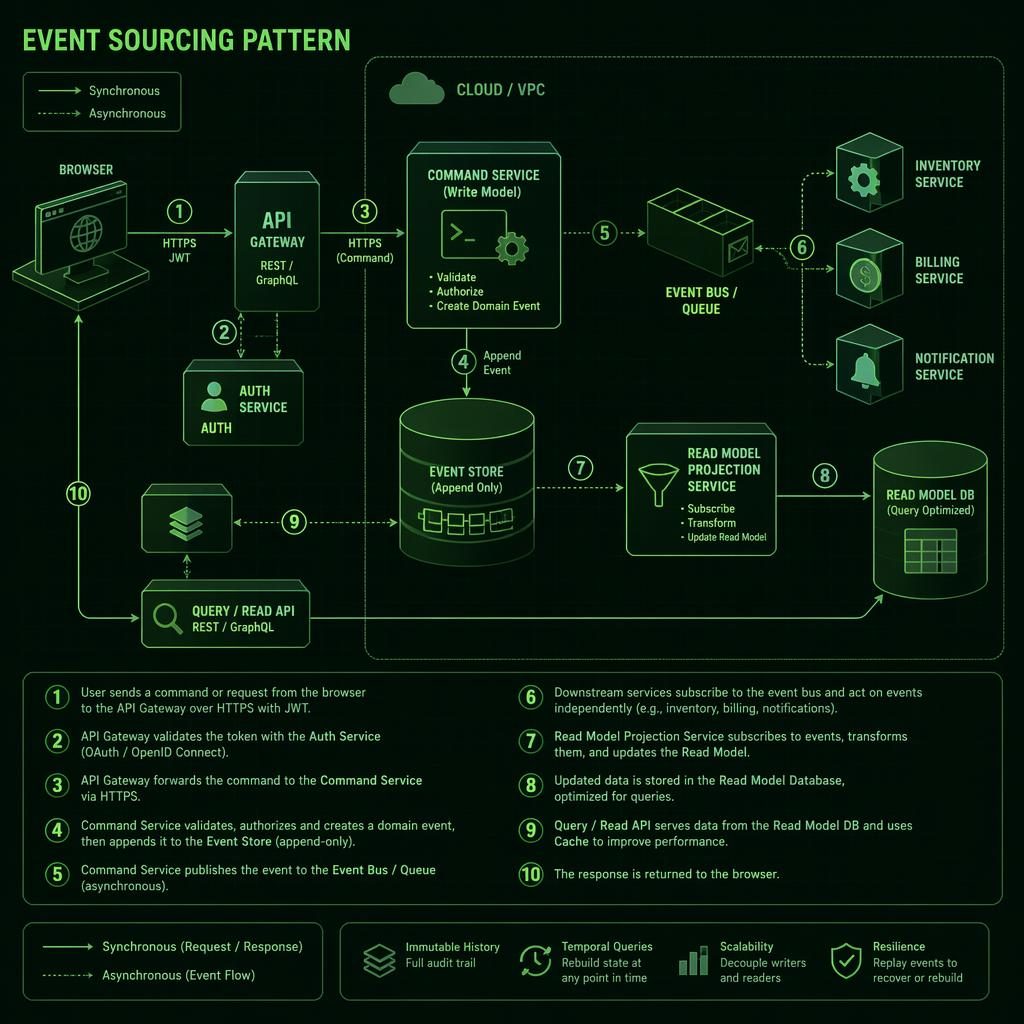 Isometric green tech architecture diagram showing browser, API, queue, cache, and database with arrows and numbered flow.