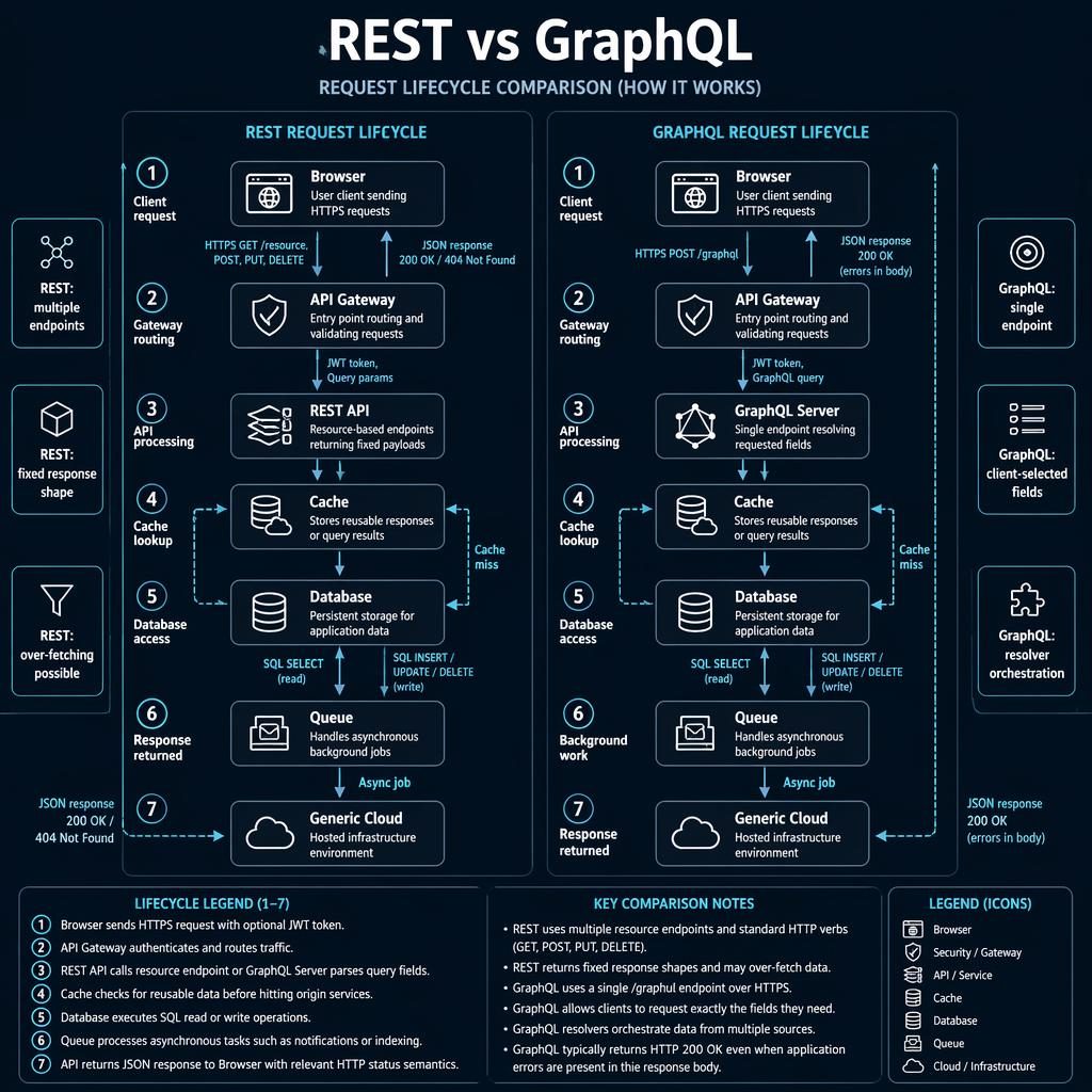 Monochrome blueprint infographic comparing REST and GraphQL lifecycles in parallel lanes with boxes, arrows, legend, and cloud icons.