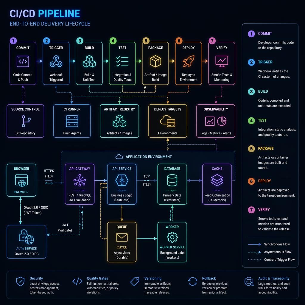 Dark-mode neon infographic of CI CD pipeline stages with numbered boxes, arrows, browser, API, DB, cache, queue, and cloud icons.