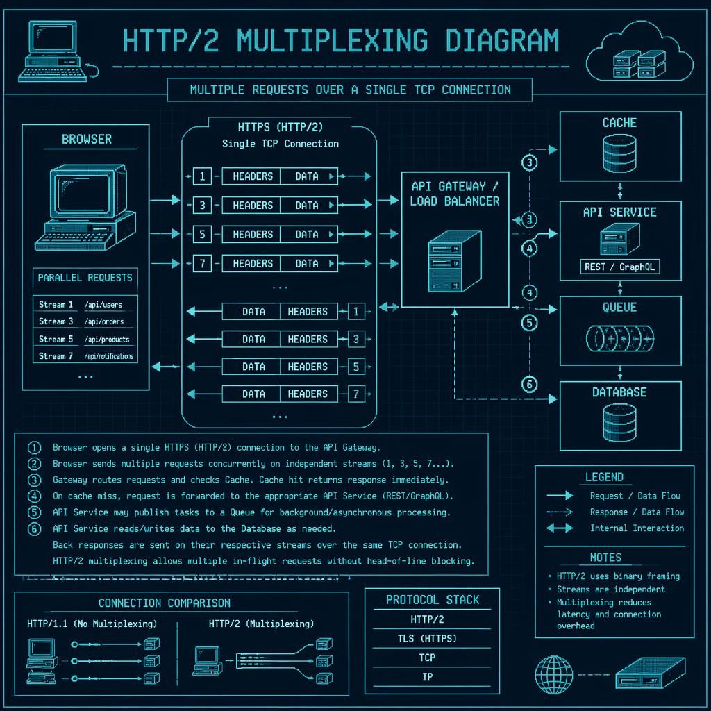 Retro cyan blueprint infographic of HTTP/2 multiplexing with browser, API, DB, cache, and queue boxes linked by arrows and legend