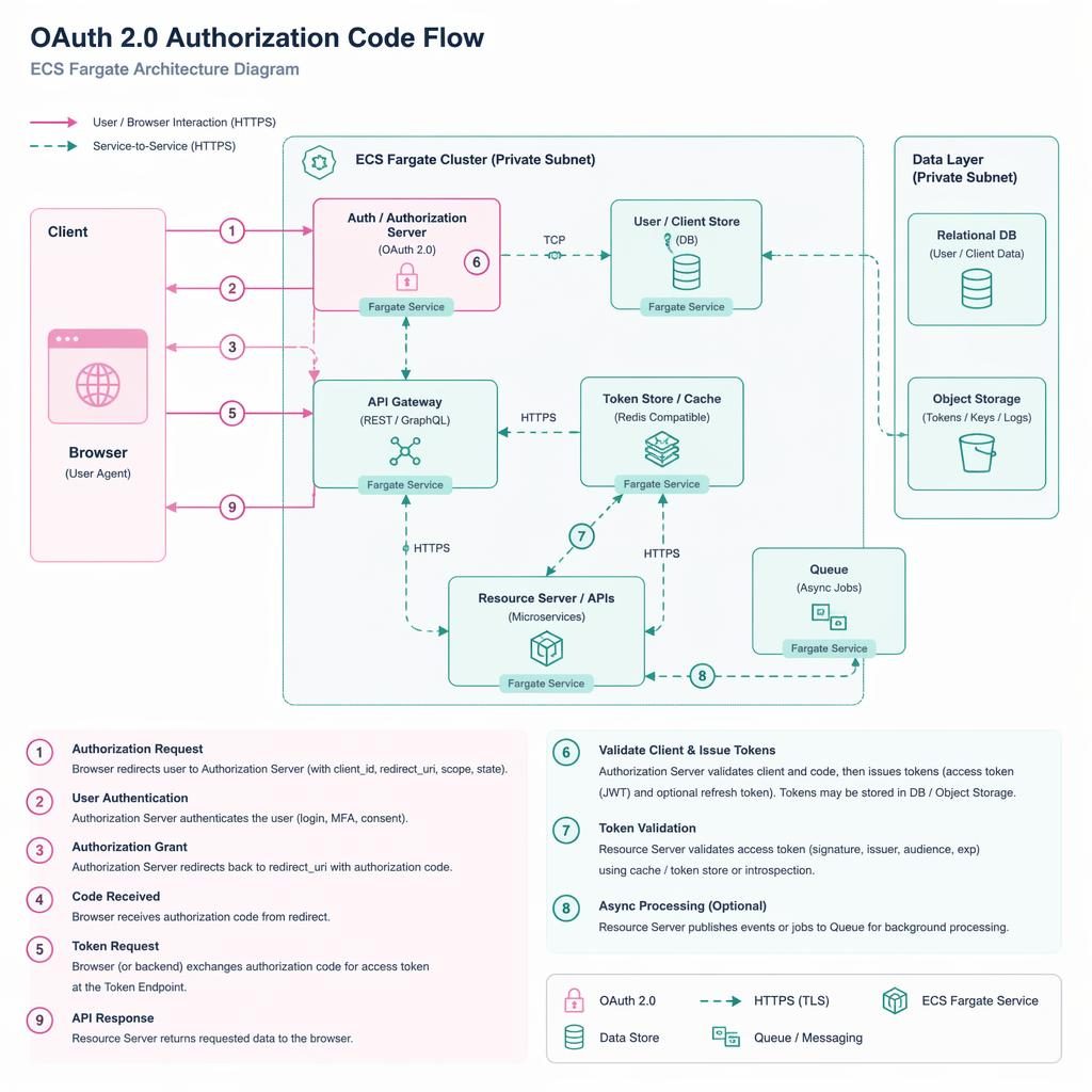 Minimal flat tech diagram showing an OAuth 2 flow with browser, API, DB, cache, queue, arrows, legend, and cloud icons.