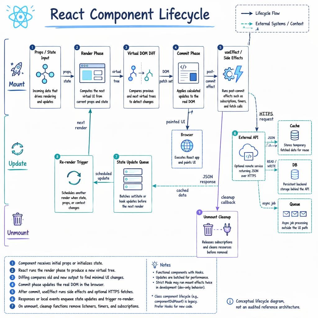 Blue hand-drawn whiteboard infographic of React component lifecycle with labeled boxes, arrows, legend, browser, API, cache, DB.