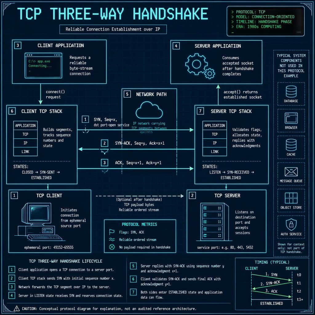 Retro cyan TCP three-way handshake diagram with client, server, TCP stacks, network path, arrows, states, and legend.