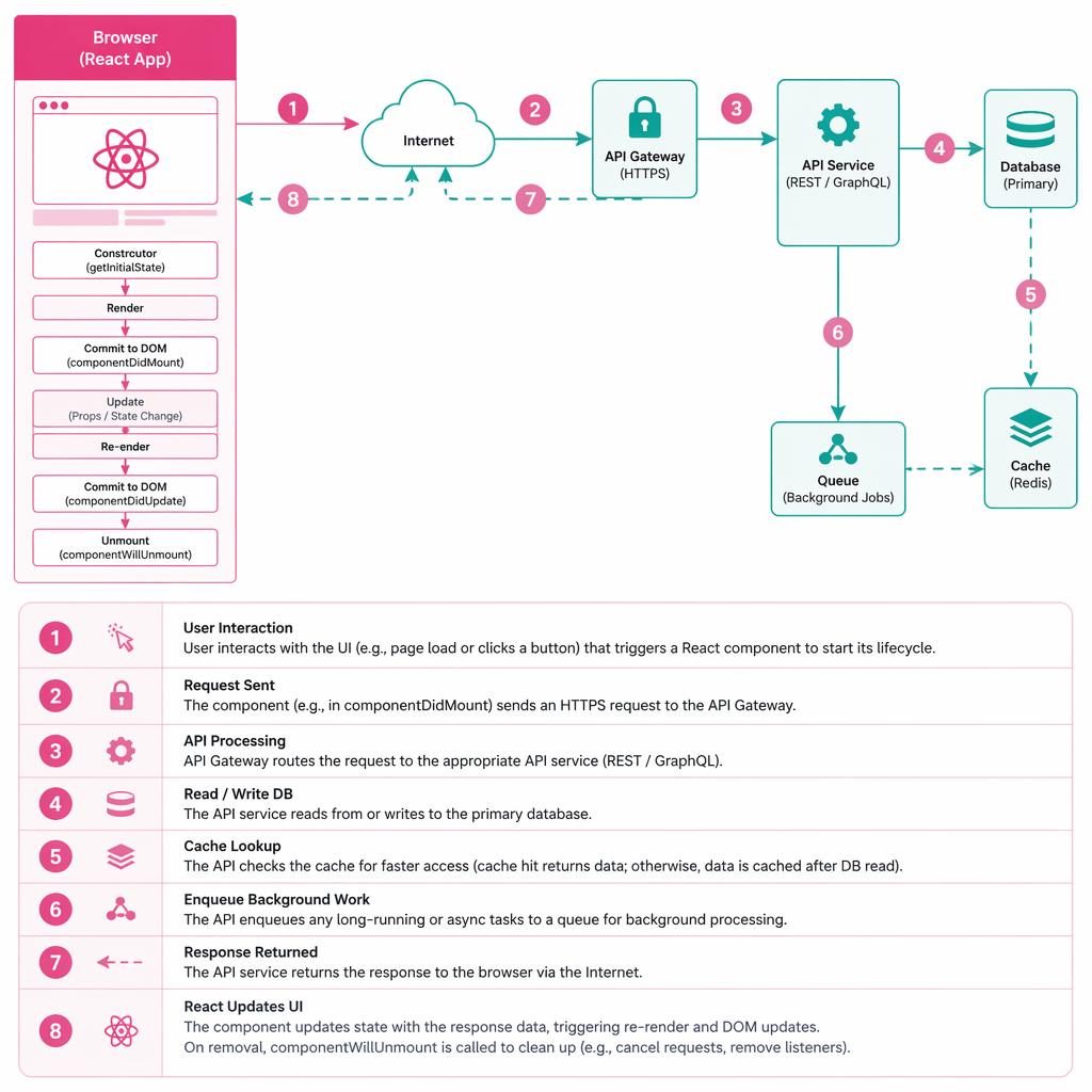 Minimal flat tech diagram of React component lifecycle with browser, API, DB, cache, and queue boxes linked by arrows.