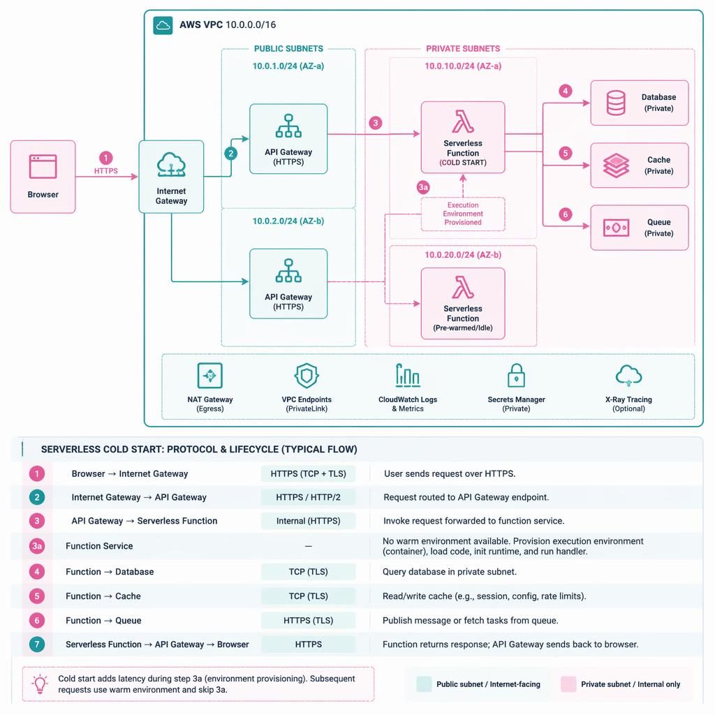 Minimal flat tech diagram with browser, API, DB, cache, and queue boxes linked by arrows and numbered lifecycle steps.