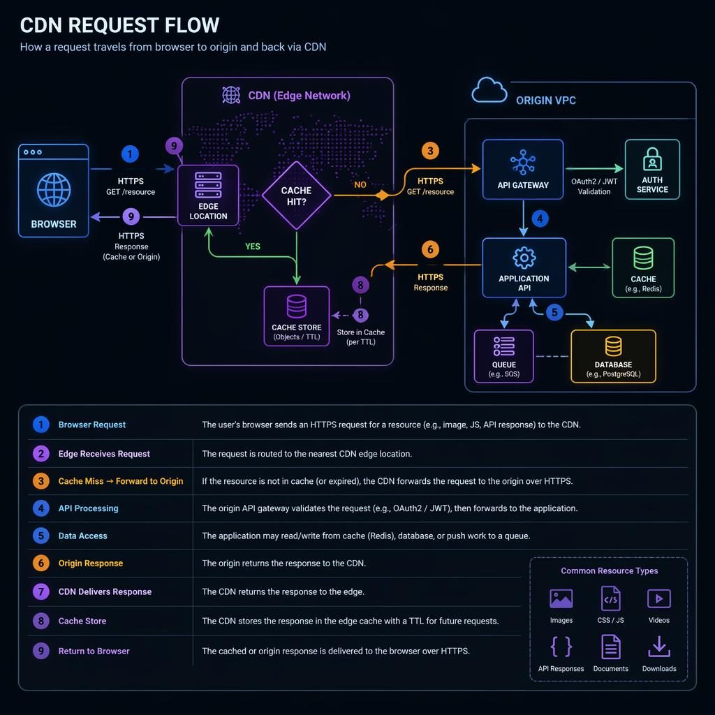 Dark-mode neon architecture infographic showing CDN request flow with browser, API, DB, cache, and queue boxes linked by arrows.