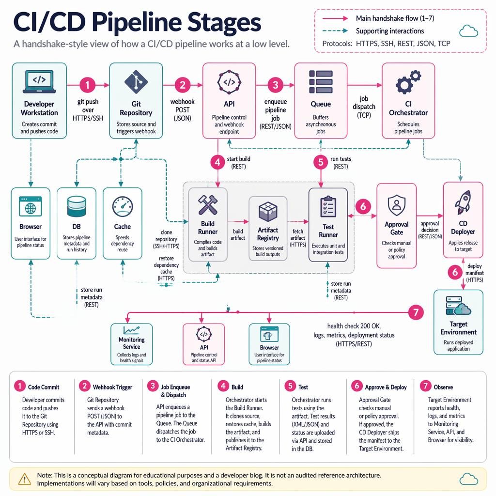 Tech infographic showing a numbered CI/CD handshake flow with boxes, arrows, protocols, legend, and platform services.