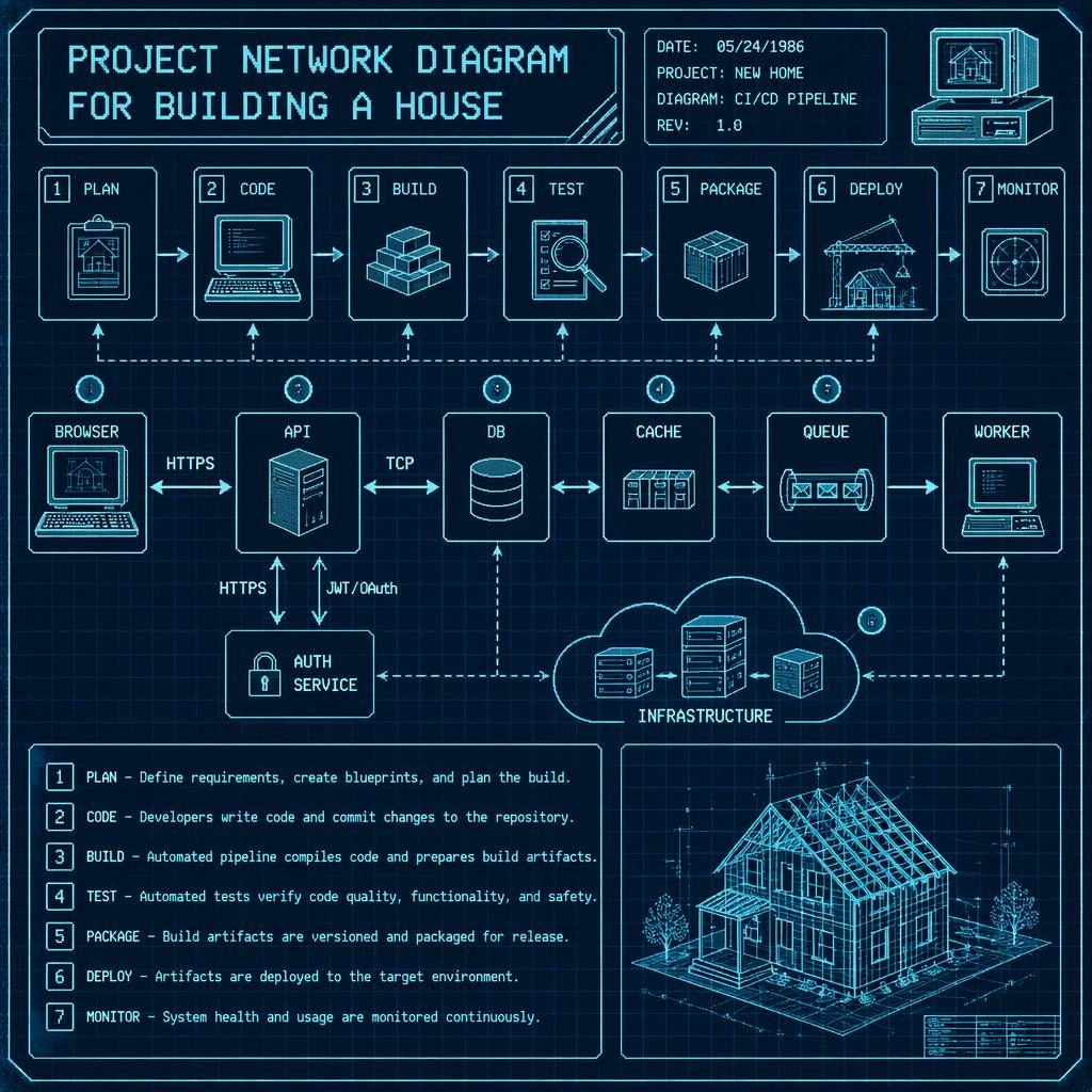 Retro cyan blueprint-style architecture infographic with labeled boxes, arrows, generic cloud icons, and a numbered flow legend.
