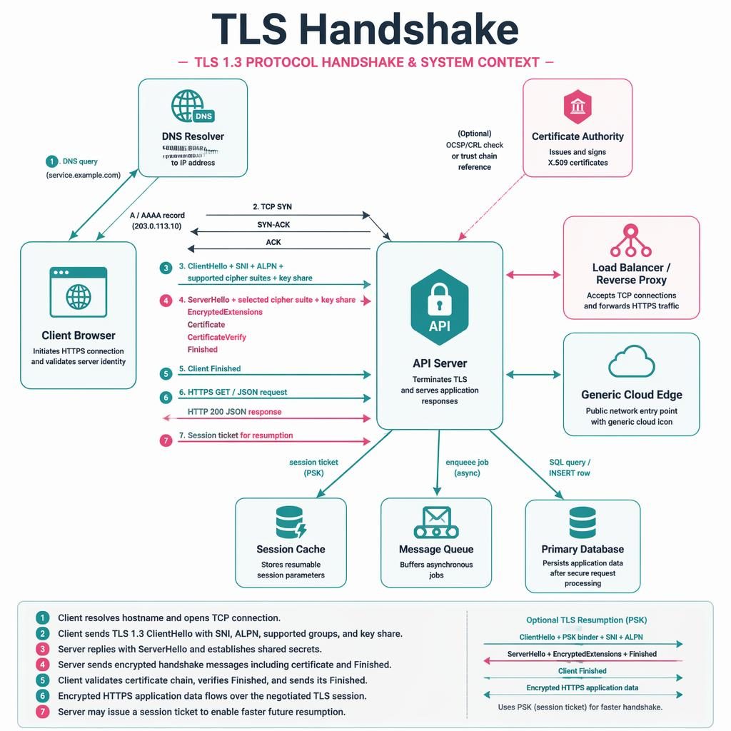 Flat vector infographic showing a TLS 1.3 handshake in a star network layout around a central API Server.