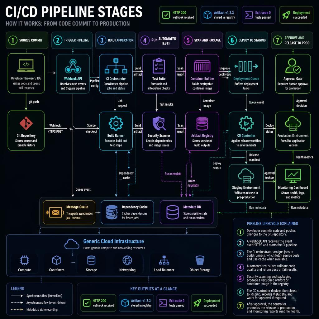 Dark-mode CI/CD pipeline infographic with numbered stages, labeled boxes, arrows, icons, legend, and neon blue-purple accents.