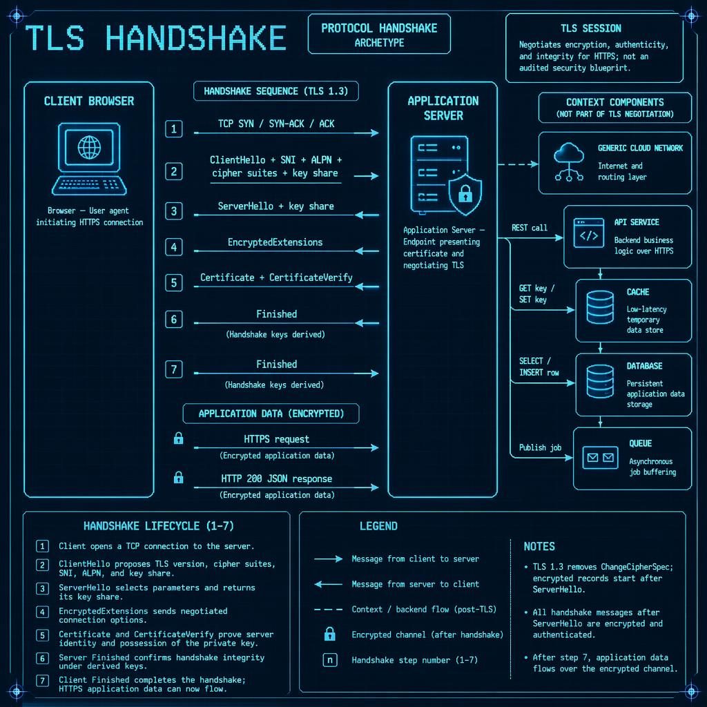 Retro cyan TLS handshake infographic with Browser and Application Server, numbered TLS 1.3 flow, plus API, Database, Cache, Queue, and cloud.