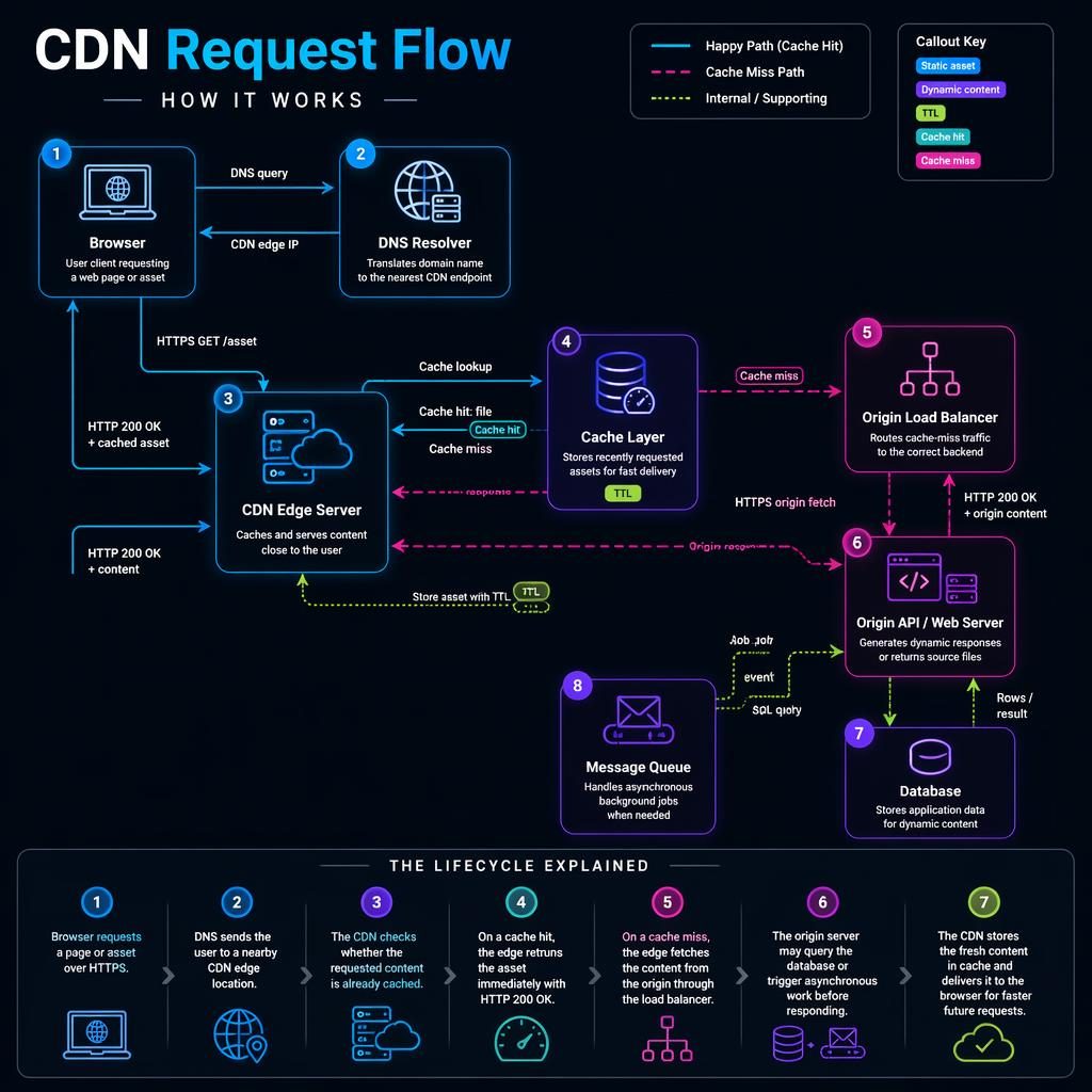 Infografía vectorial en modo oscuro con flujo numerado de CDN, cajas técnicas, flechas luminosas y ruta de caché hit/miss.