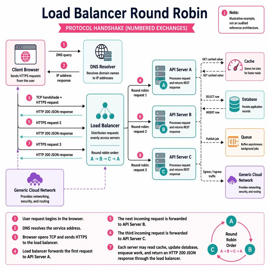 Flat tech infographic showing round-robin load balancer flow across API Server A, B, and C with DNS, cache, queue, database.