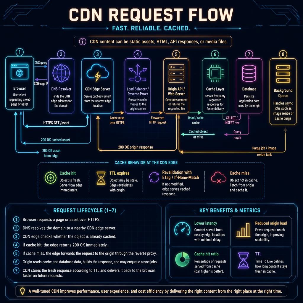 Tech infographic showing CDN request flow with browser, DNS, CDN edge, proxy, origin, cache, database, and queue.