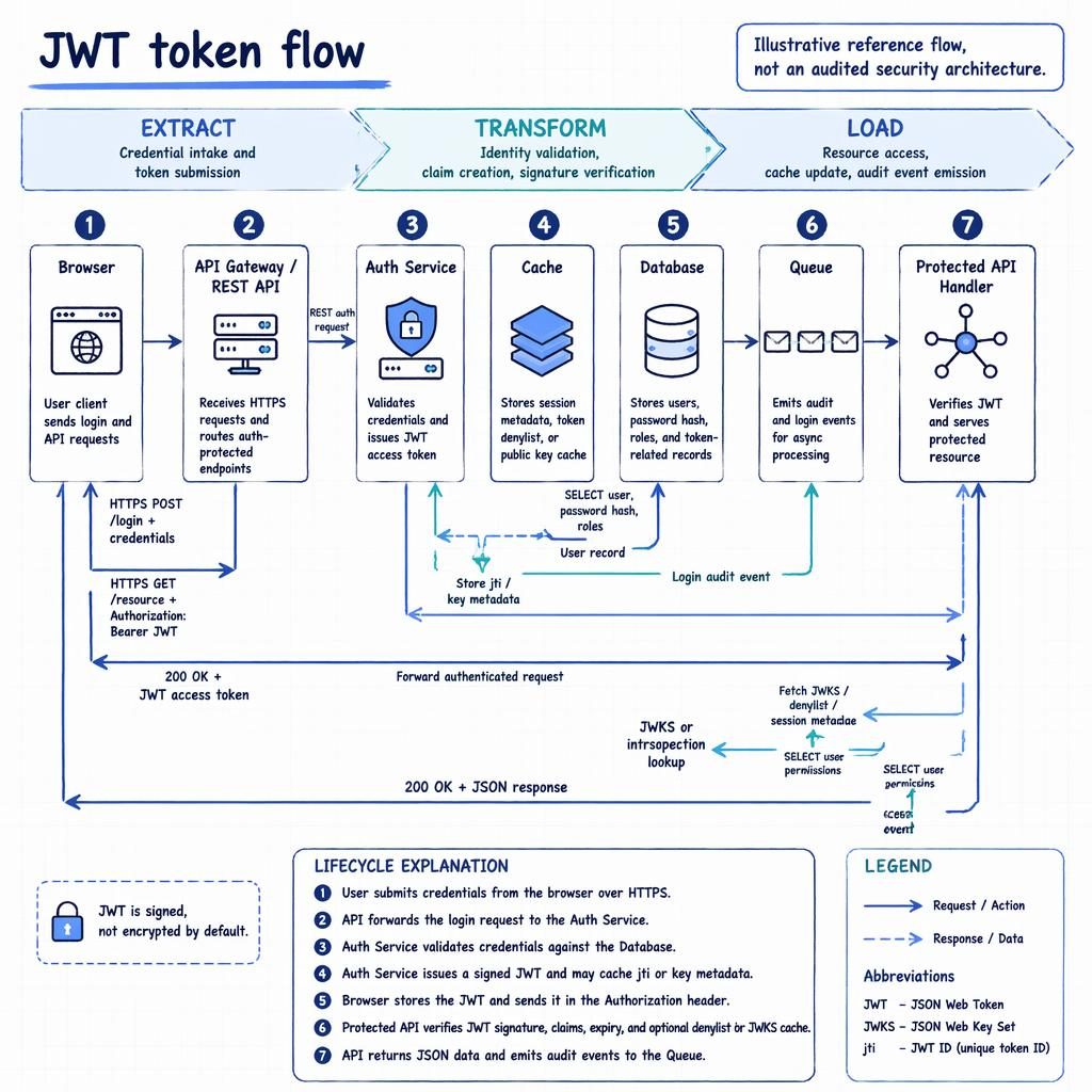 Whiteboard-style tech diagram showing JWT token flow across browser, API gateway, auth service, cache, database, queue, and API handler.