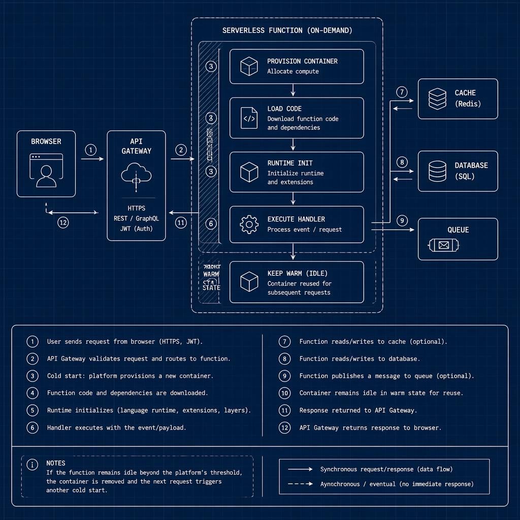 Minimal monochrome blueprint diagram of serverless cold start lifecycle with browser, API, DB, cache, and queue boxes.