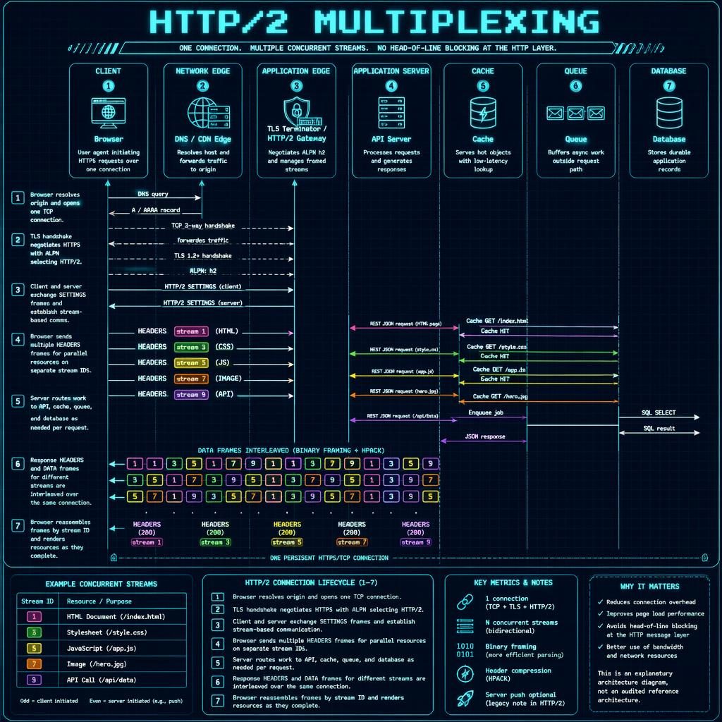 Retro blueprint-style vertical swimlane diagram showing HTTP/2 multiplexing across client, edge, server, cache, queue, database.
