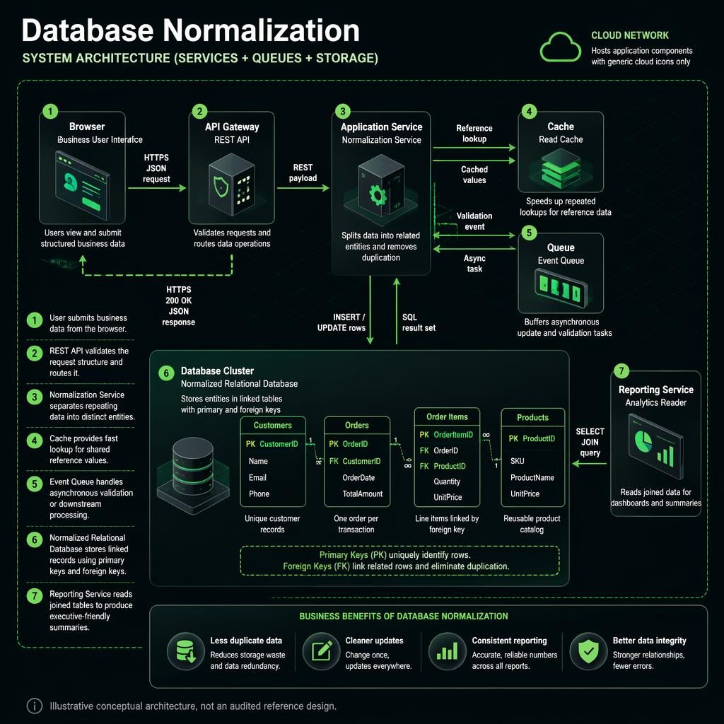 Isometric green tech infographic showing database normalization flow across browser, API, queue, cache, and SQL tables.