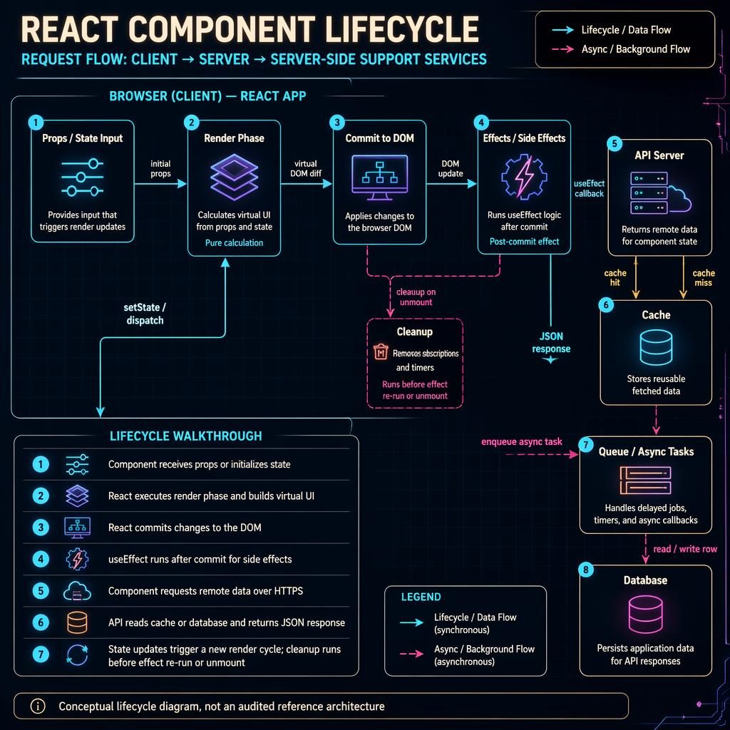 Infographie tech en style cyberpunk montrant le cycle de vie React, du rendu au DOM, effets, API, cache, file asynchrone et base.