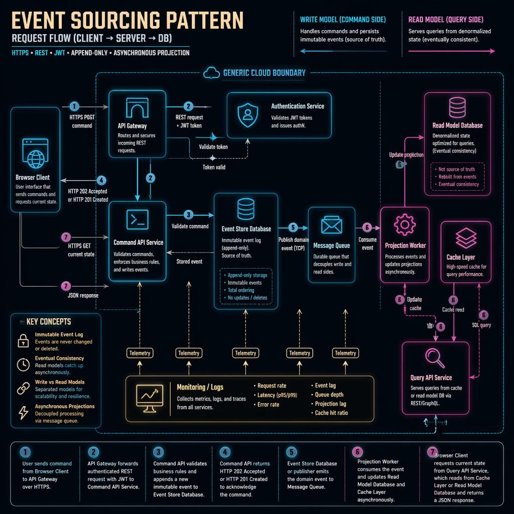 Cyber security diagram of event sourcing pattern with browser, API gateway, command API, event store, queue, projections, cache.