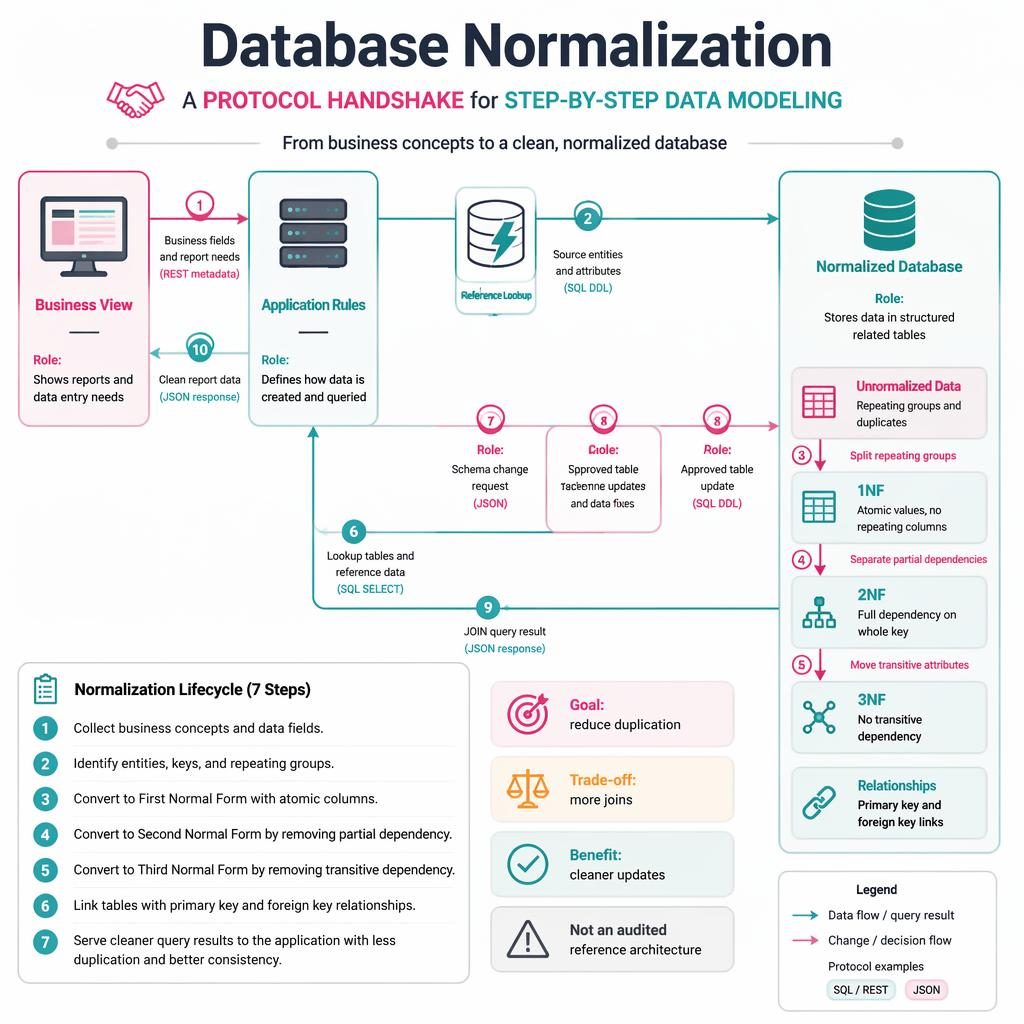 Flat tech infographic showing Database Normalization as a left-to-right handshake diagram with browser, API, queue, cache and DB