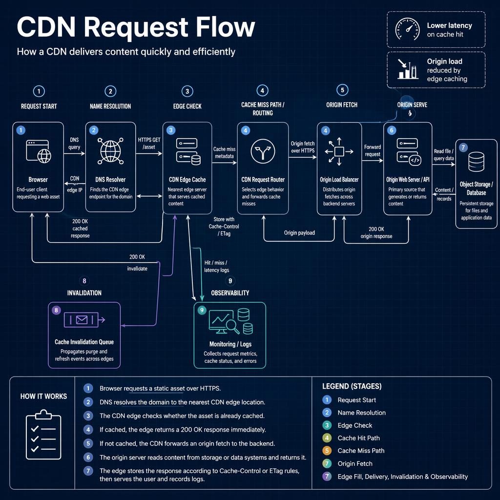 Blueprint-style CDN request flow infographic with 9 labeled boxes, arrows, numbered stages, legend, and navy grid layout