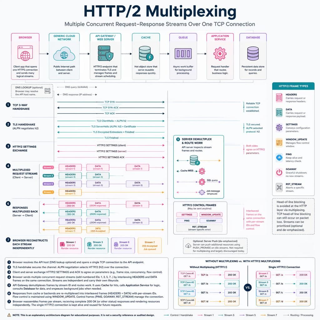 Flat wan diagram infographic of HTTP/2 multiplexing with one TCP connection, TLS h2 handshake, interleaved streams, cache and DB.