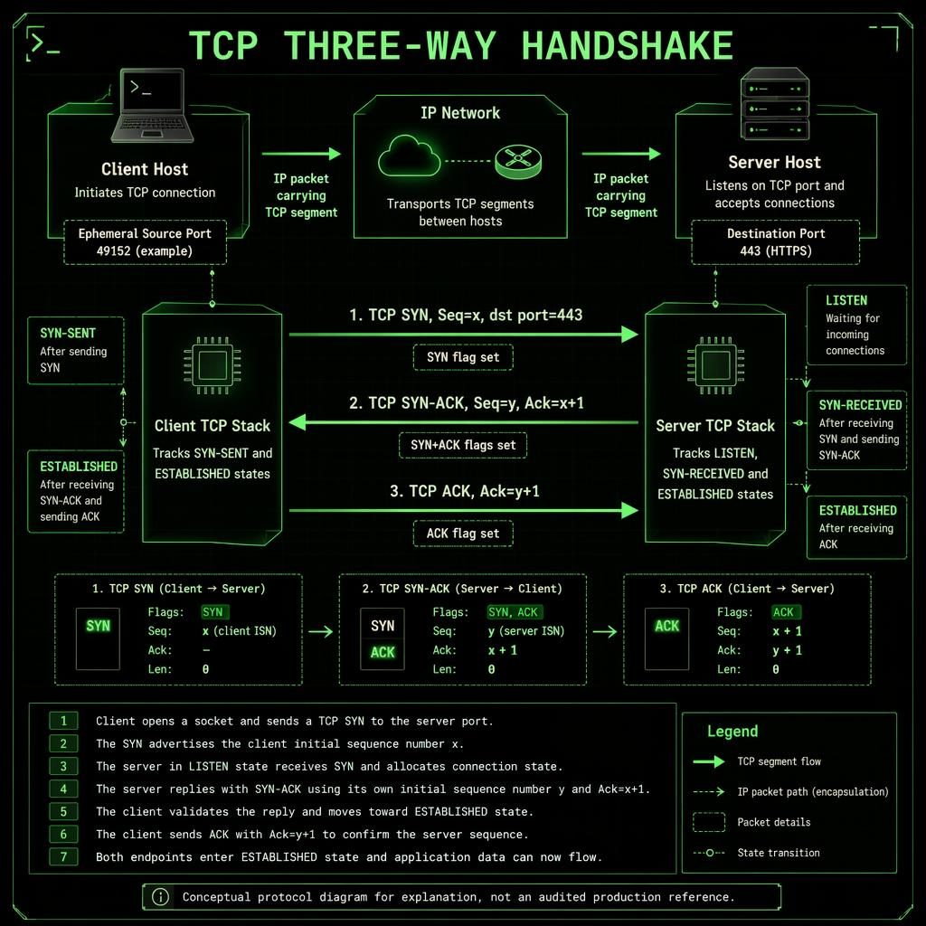 Isometric TCP three-way handshake infographic with client, IP network, server, TCP states, arrows, ports, and green terminal styling.