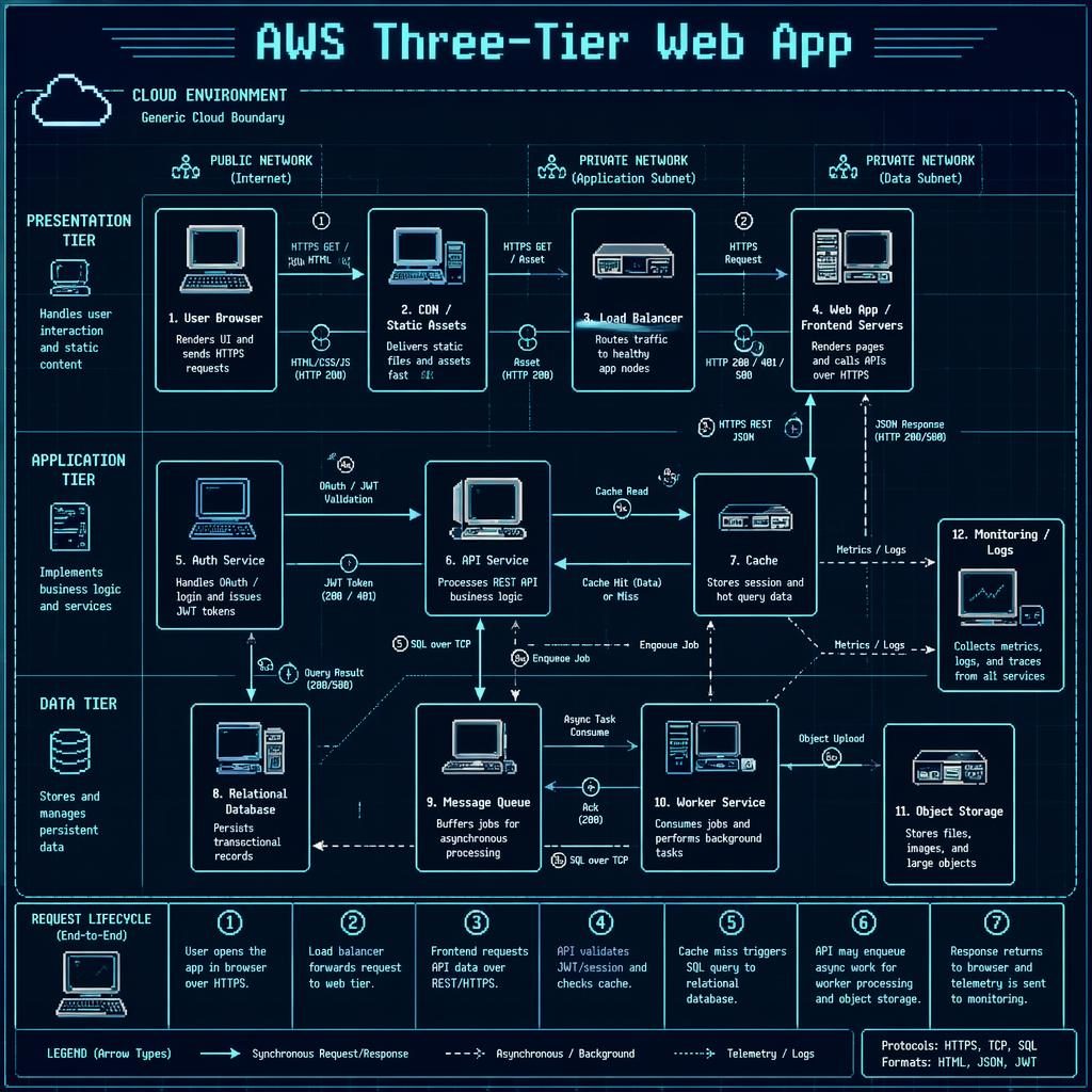Retro blueprint-style system architecture infographic showing a three-tier web app topology layout with arrows, queues, cache, DB.