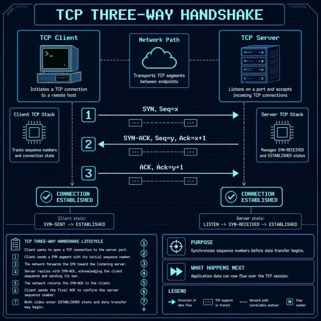 Blueprint-style TCP three-way handshake diagram with client, network path, server, SYN, SYN-ACK, ACK arrows and legend.