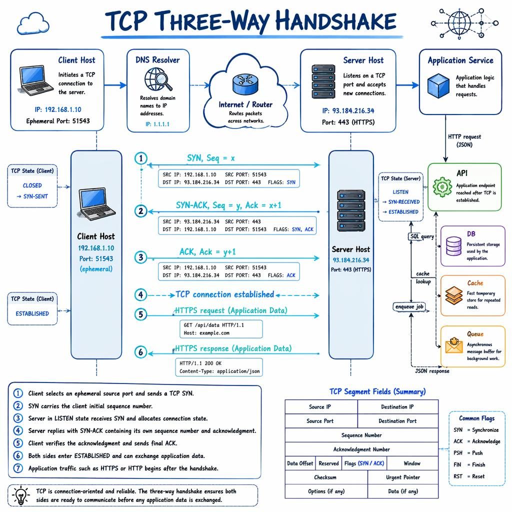 Blue whiteboard-style TCP handshake infographic with client, server, arrows, labels, states, ports, and example IP addresses.