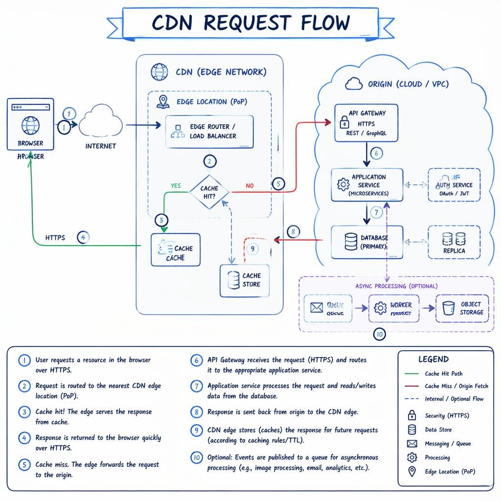 Hand-drawn whiteboard infographic showing a CDN request flow with browser, API, DB, cache, and queue boxes linked by arrows.