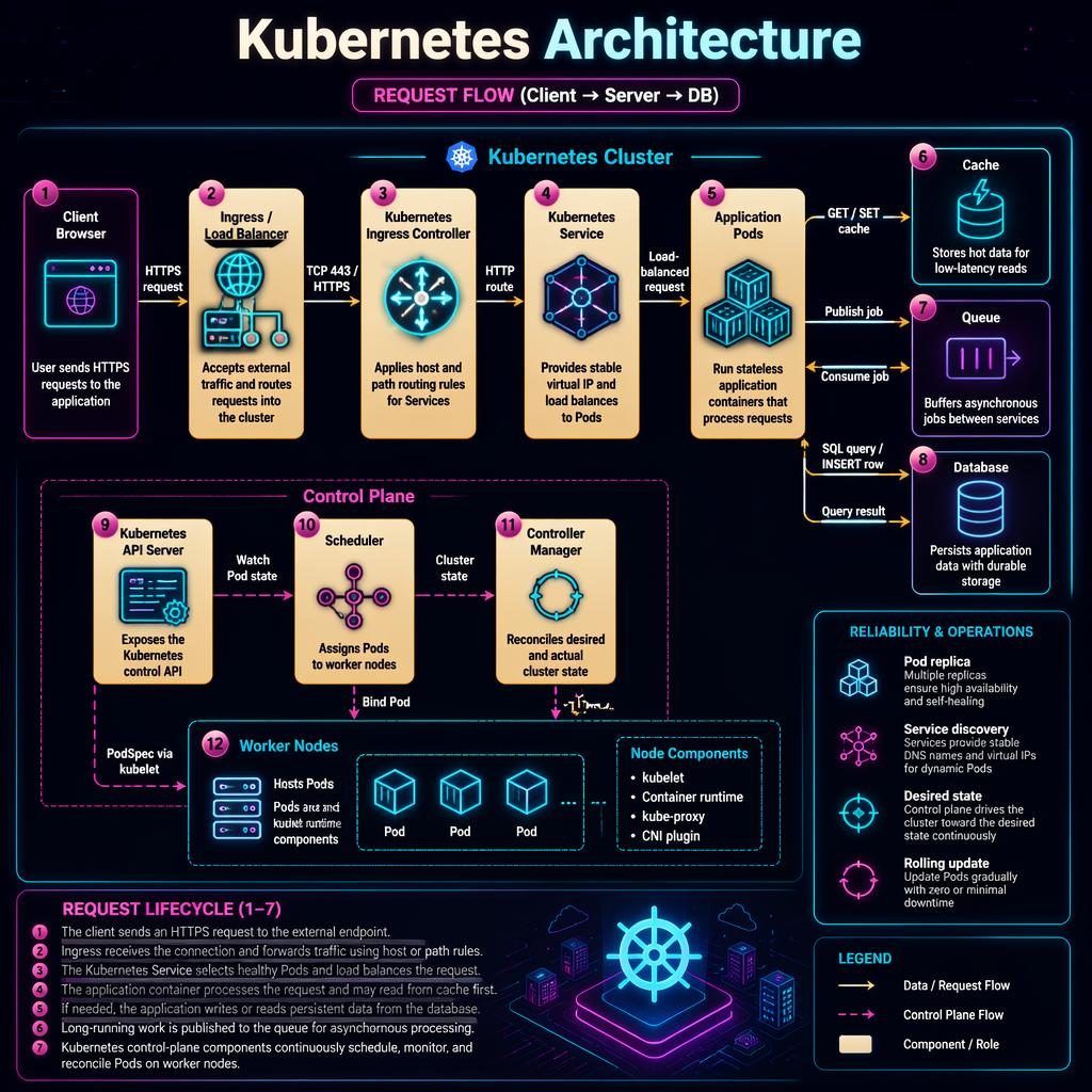 Tech infographic of Kubernetes request flow with control plane, worker nodes, cache, queue, database, and arrows.