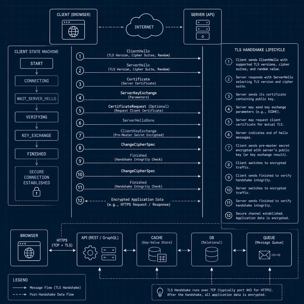 Minimal monochrome blueprint-style tech diagram with connected boxes, arrows, cloud icons, and numbered lifecycle steps.