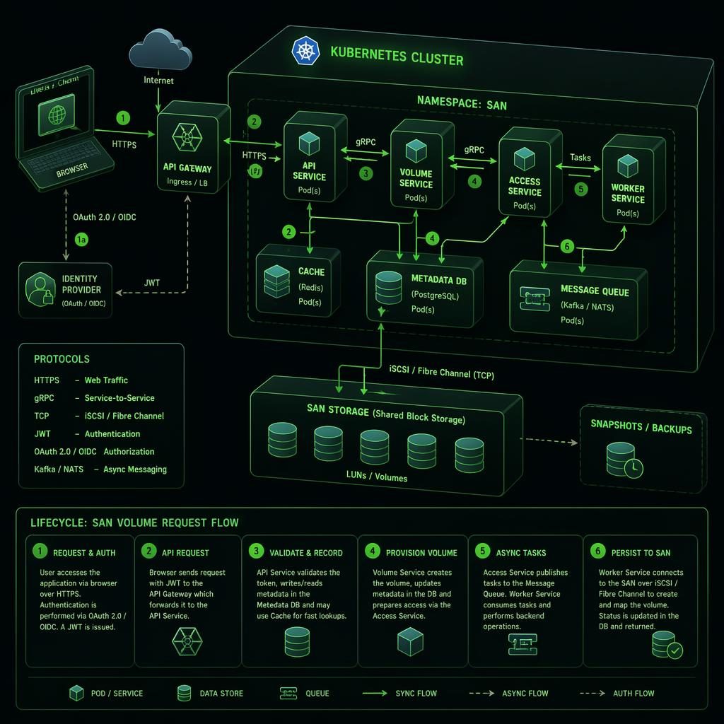Isometric tech architecture diagram of a Kubernetes pod deployment with browser, API, queue, cache, and DB boxes linked by arrows.
