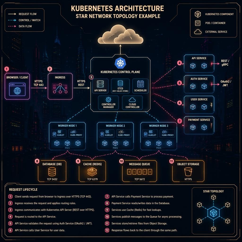 Cyberpunk neon infographic of Kubernetes architecture with browser, API, DB, cache, and queue boxes linked by directional arrows and a numbered lifecycle legend.