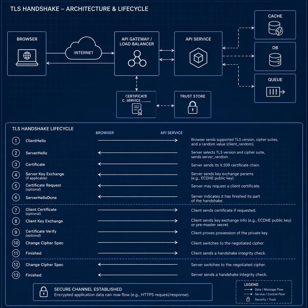 Minimal monochrome blueprint diagram of a TLS handshake with browser, API, DB, cache, and queue boxes linked by arrows.