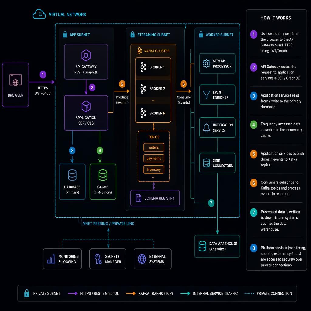 Dark-mode neon tech infographic showing a Kafka pipeline with browser, API, DB, cache, and queue boxes linked by arrows.