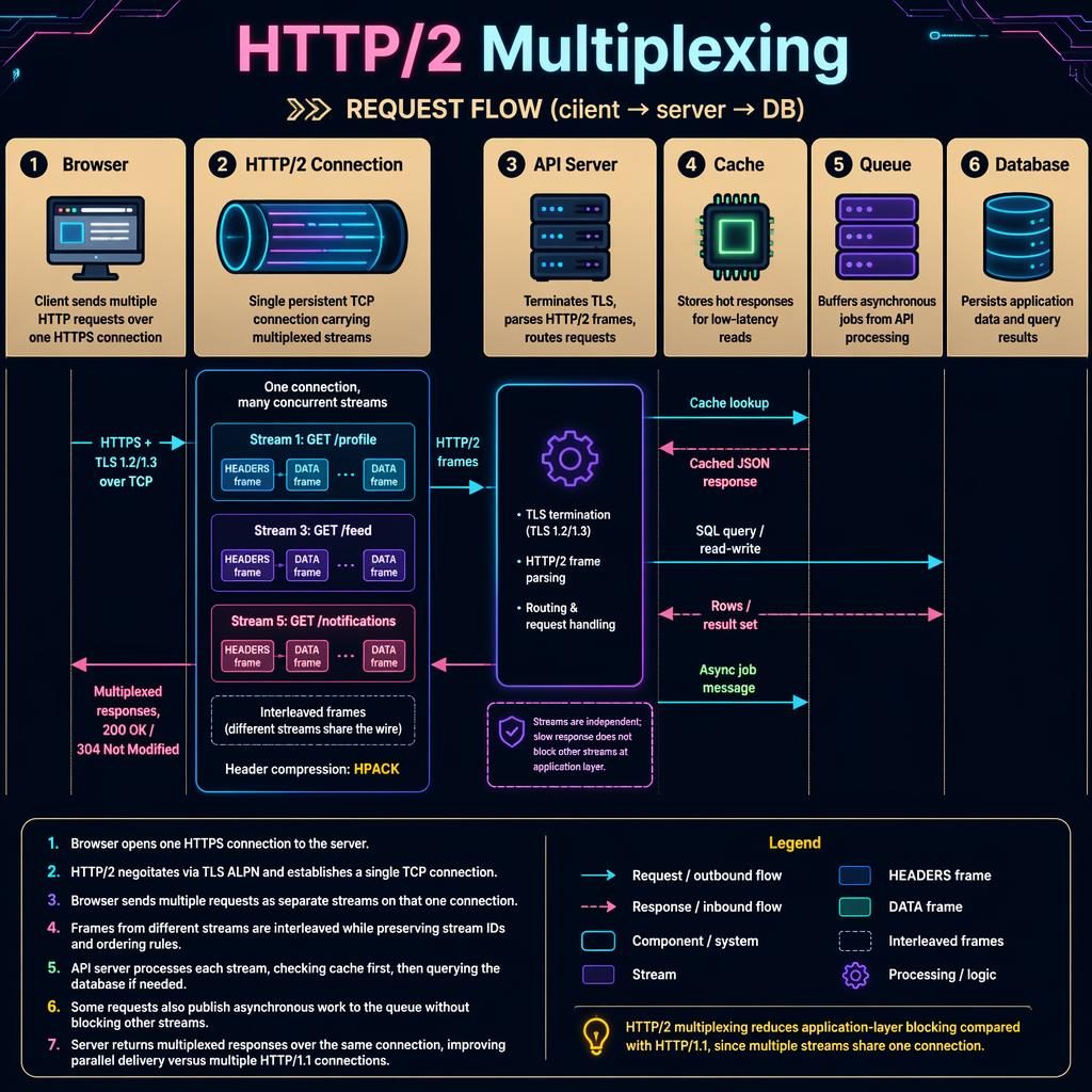 Vertical swimlane diagram showing Browser, HTTP/2 connection, API server, cache, queue, and database with multiplexed streams