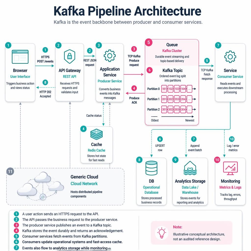 Minimal flat tech infographic of Kafka Pipeline Architecture with numbered arrows from Browser to API, Kafka, consumer, DB.