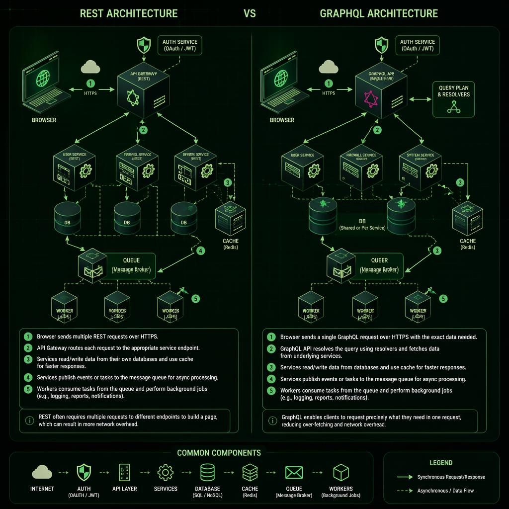 Isometric green tech diagram comparing REST and GraphQL with browser, API, database, cache, queue, arrows, and legend.